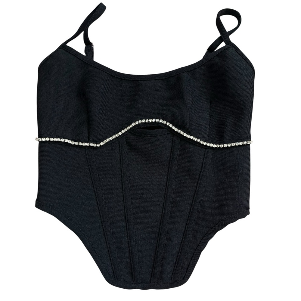 Superdown Black Corset Bustier Top Rhinestone Trim Strappy XS - Picture 1 of 5